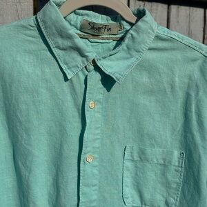 Short Fin Men's Shirt Large Resort Wear Linen & Cotton Button Up Teal